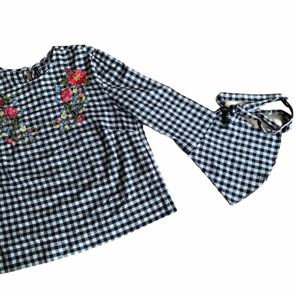 Stradivarius Gingham Bell Sleeved Floral Embroidered Top S - Picture 2 of 8
